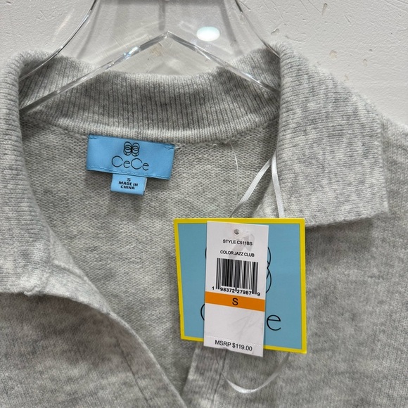 Cece V-Neck Light Grey Knit Polo Sweater Small - Picture 3 of 4